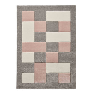 Brooklyn BRK04 Modern Geometric Patchwork Blocks Border Soft Carved Durable Short Pile Grey/Rose/Cream Rug-Think Rugs-Rug Love - The Most Loved Rug Store